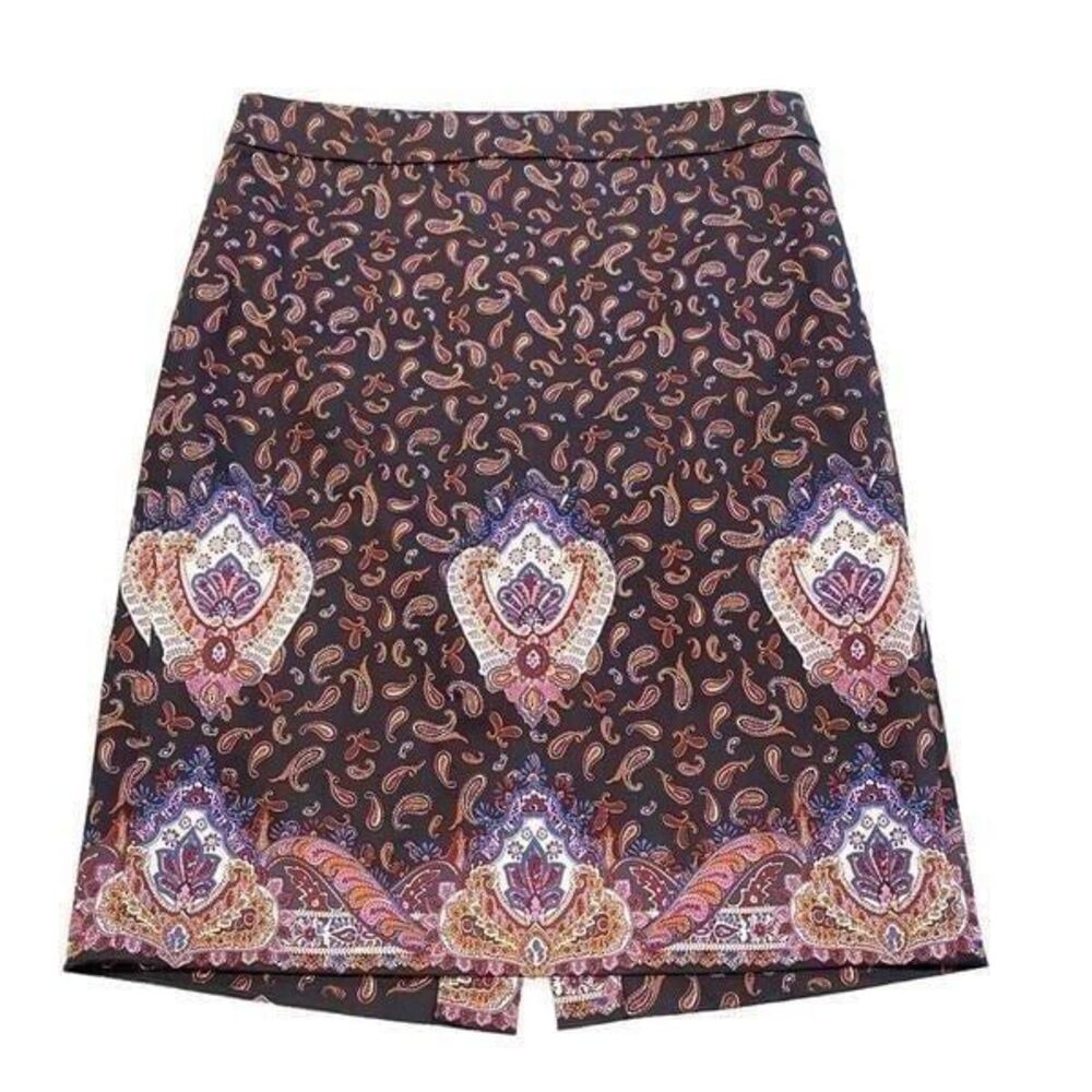 J. Crew Size 4 Pencil Skirt Black Paisley Print Purple Pink Orange Blue